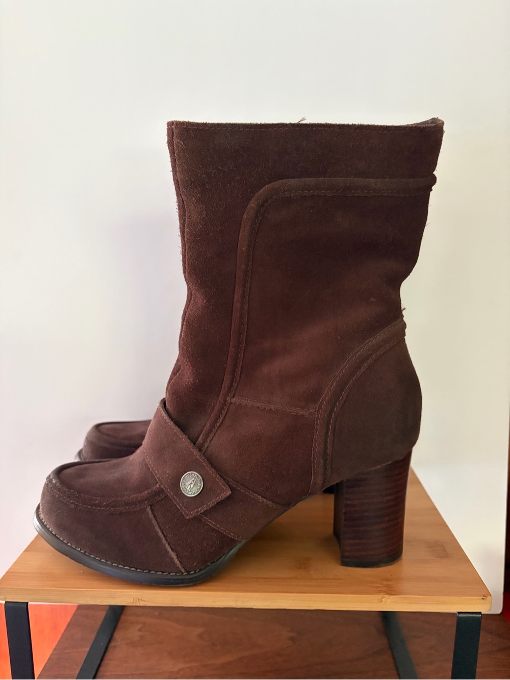 Hush Puppies Brown Suede Mid-Calf Heeled Boots Side Zippers. Sz 9.5M Waterproof